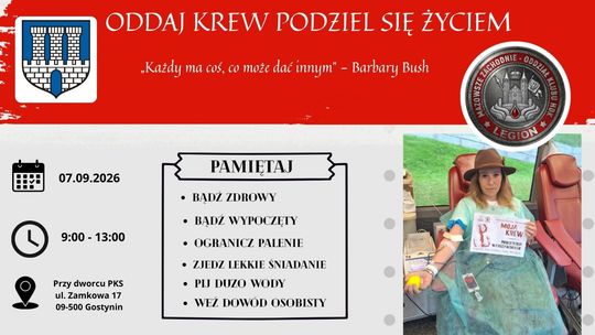 Plakat promujący akcję oddawania krwi w Gostyninie z terminem, miejscem i zdjęciem dawczyni