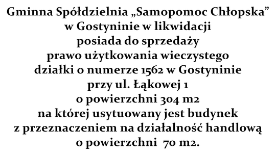 GS „Samopomoc Chłopska” w Gostyninie w likwidacji posiada do sprzedaży działkę z budynkiem