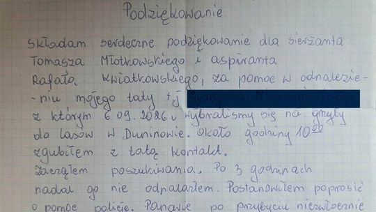 Podziękowania za pomoc w odnalezieniu zaginionego grzybiarza