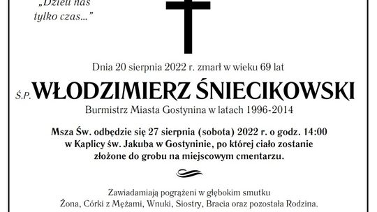 Pogrzeb byłego burmistrza Gostynina Włodzimierza Śniecikowskiego w sobotę 27 sierpnia o godz. 14:00