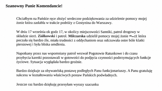 Pomogli kobiecie, która zasłabła w podróży. Podziękowania dla gostynińskich policjantów