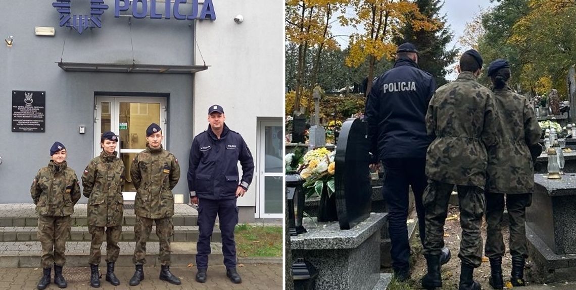 Dzielnicowy wspólnie z uczniami dbają o bezpieczeństwo na cmentarzu