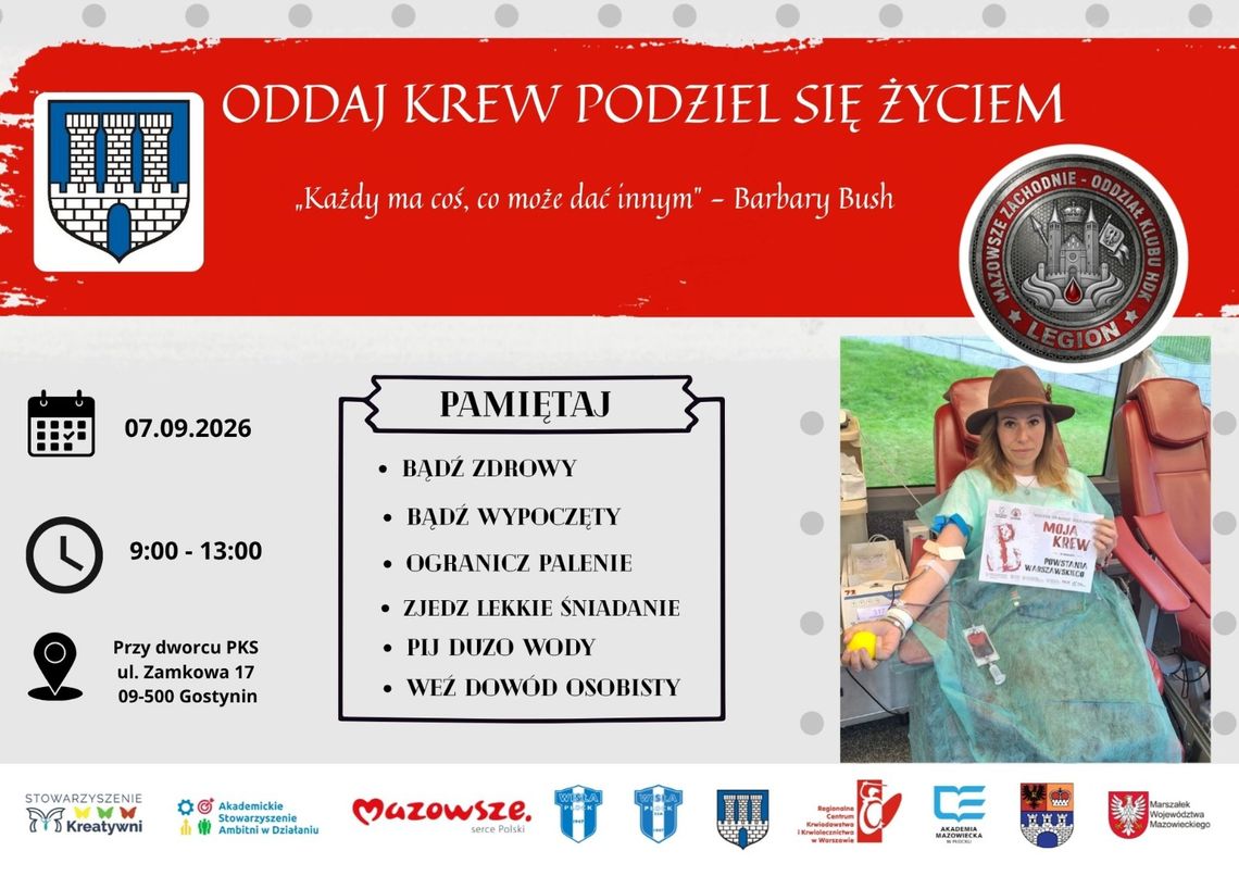 Gostynin zaprasza na akcję krwiodawstwa. „Podziel się życiem” już 7 września Plakat promujący akcję oddawania krwi w Gostyninie z terminem, miejscem i zdjęciem dawczyni
