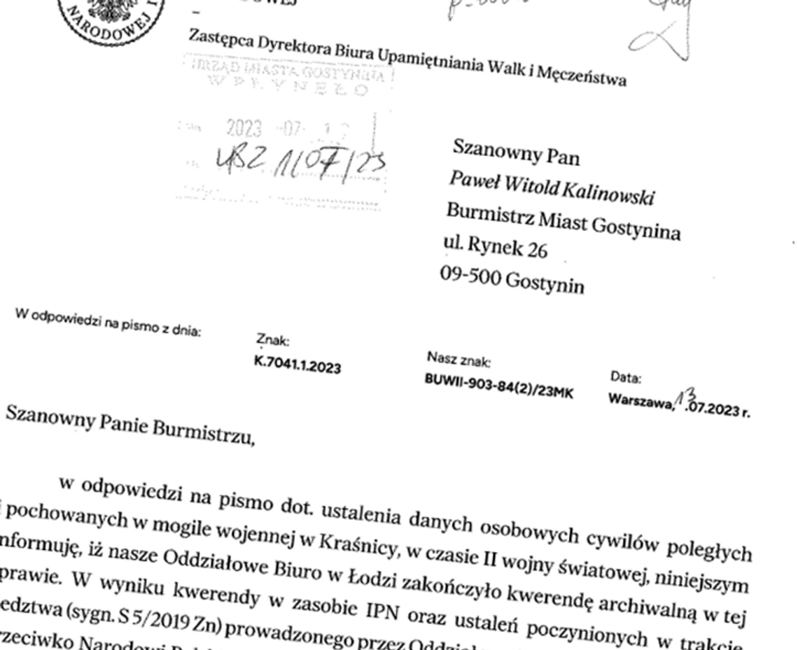 Informacja dotycząca nazwisk ofiar na zrekonstruowanej mogile w Kraśnicy