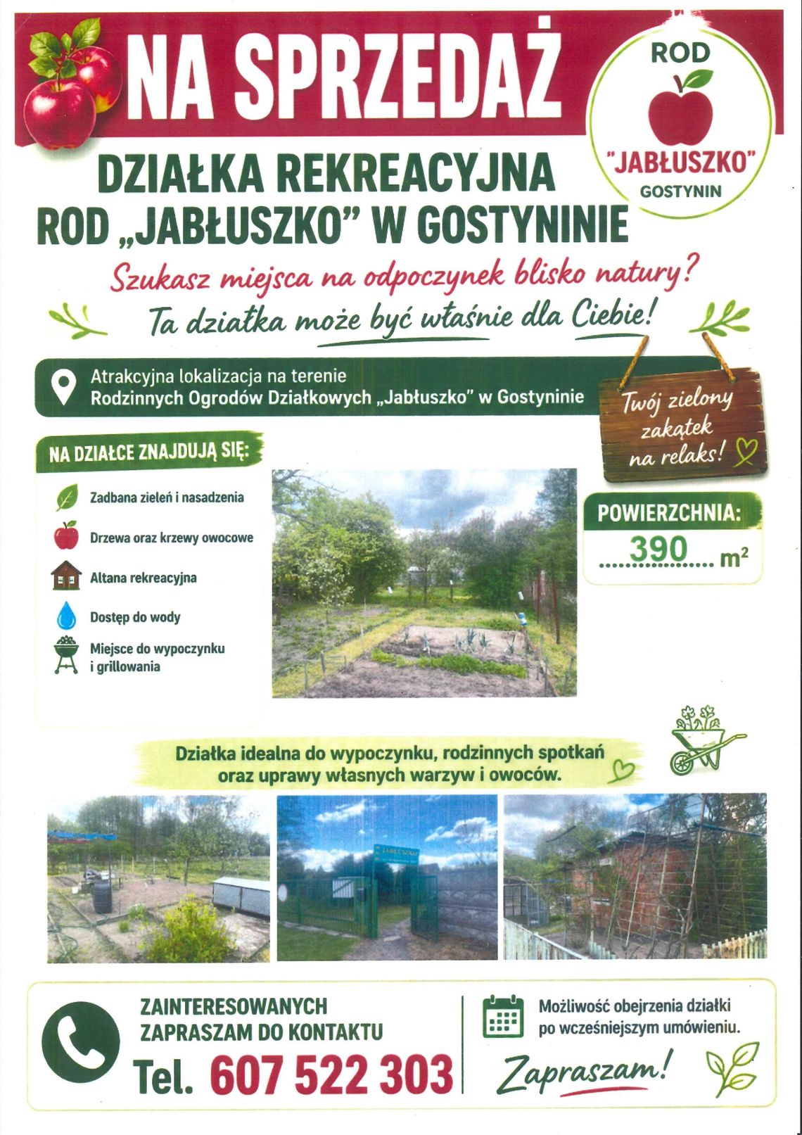 Na sprzedaż działka rekreacyjna ROD „Jabłuszko” w Gostyninie Ogłoszenie sprzedaży działki rekreacyjnej ROD Jabłuszko w Gostyninie