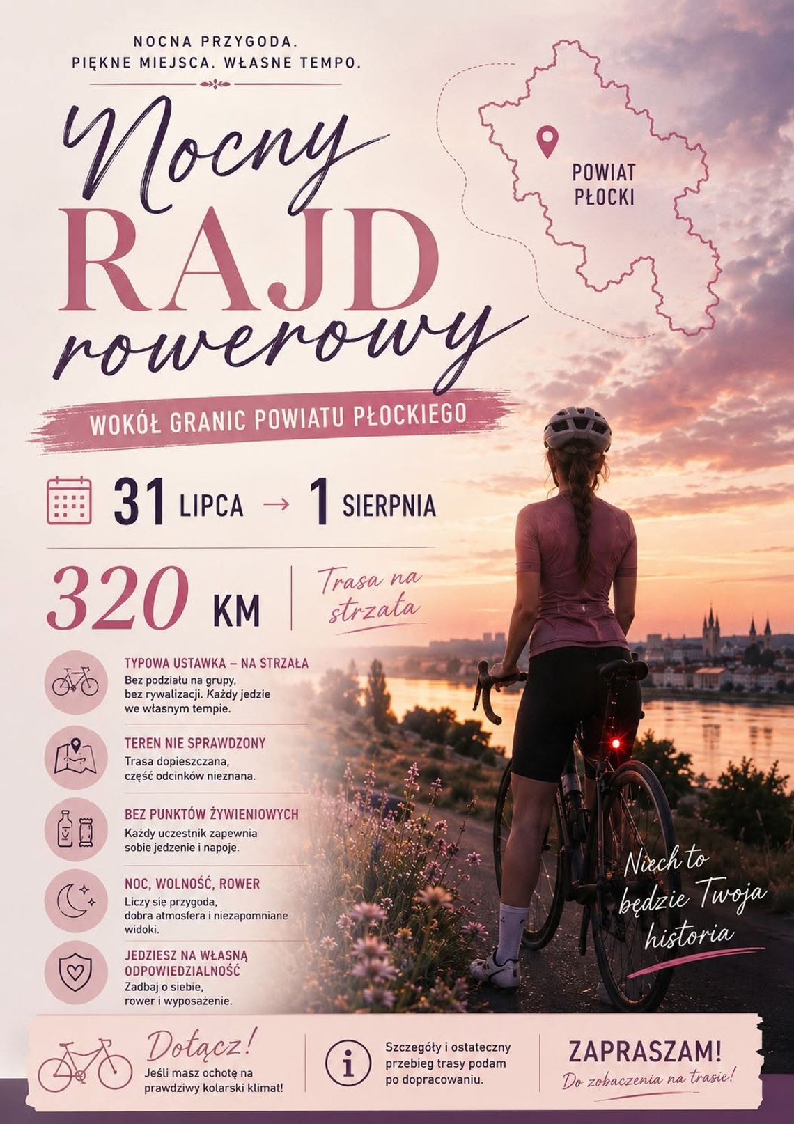 Plakat zapowiadający nocny rajd rowerowy wokół powiatu płockiego