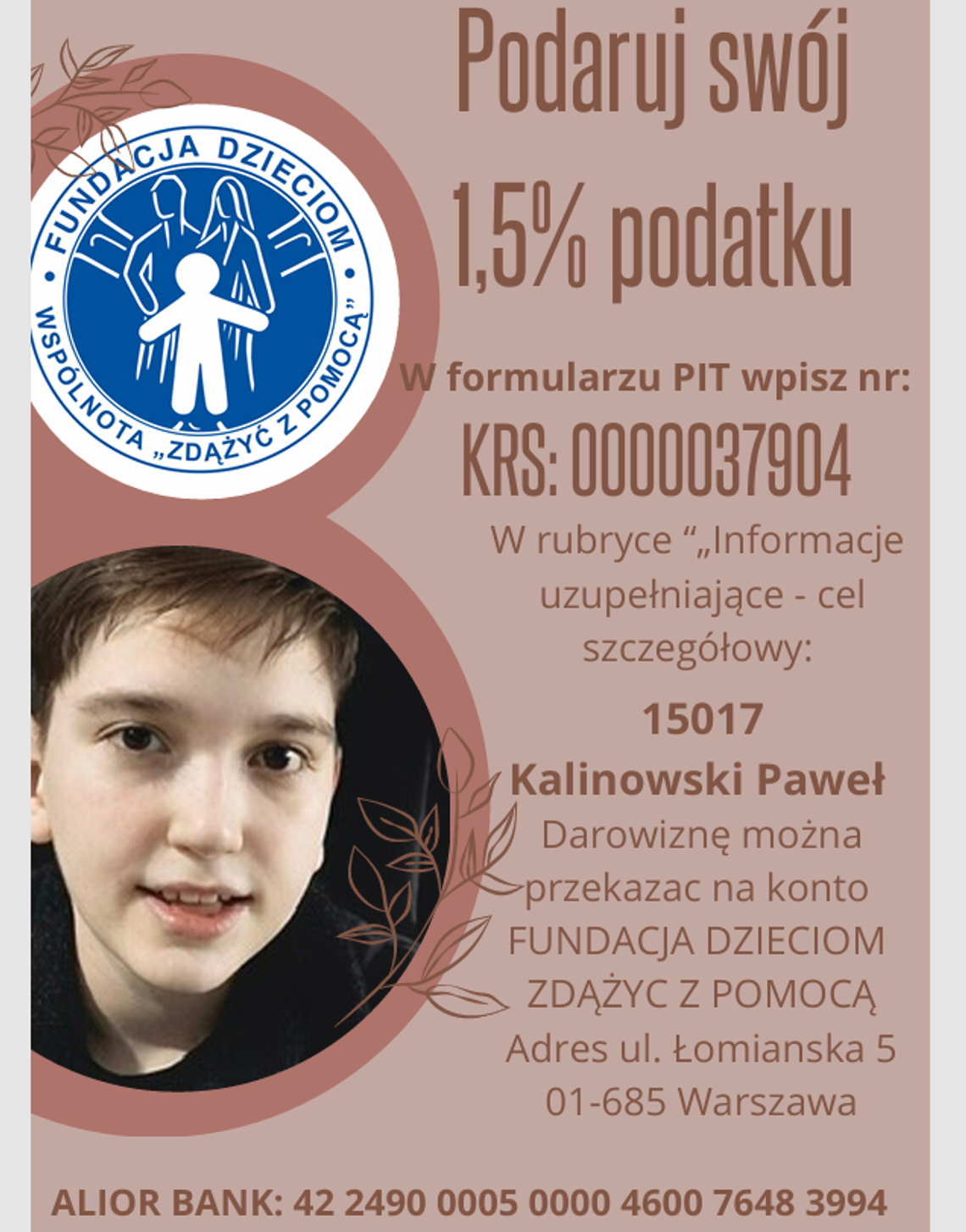 Podaruj 1,5 proc. podatku na rzecz Pawła