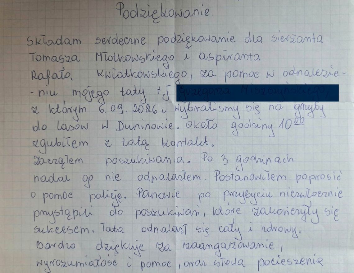 Podziękowania za pomoc w odnalezieniu zaginionego grzybiarza