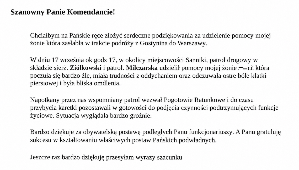 Pomogli kobiecie, która zasłabła w podróży. Podziękowania dla gostynińskich policjantów