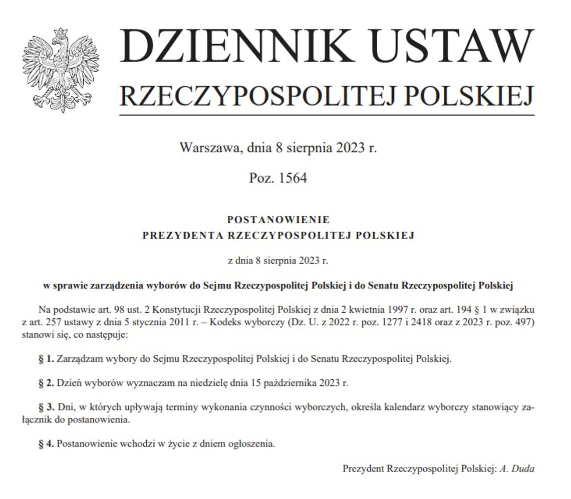 Postanowienie Prezydenta w sprawie wyborów do Sejmu i do Senatu