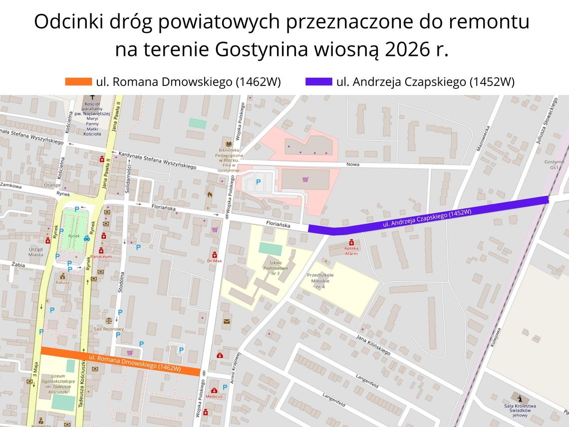 Powiat Gostyniński w 2026 r. wyremontuje drogi powiatowe położone na terenie Miasta Gostynina na łączną kwotę 563 683,23 zł