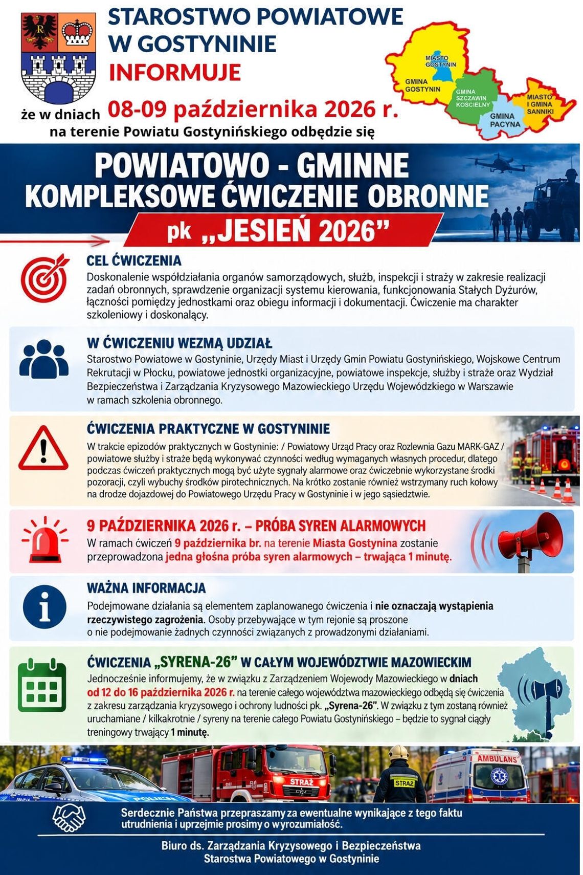 Powiatowo-gminne ćwiczenia obronne w Gostyninie. Będą syreny, wybuchy i utrudnienia w ruchu