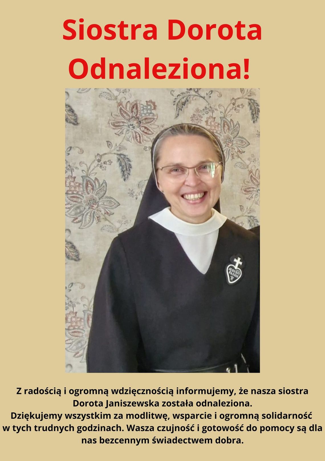 Siostra Dorota Janiszewska odnaleziona
