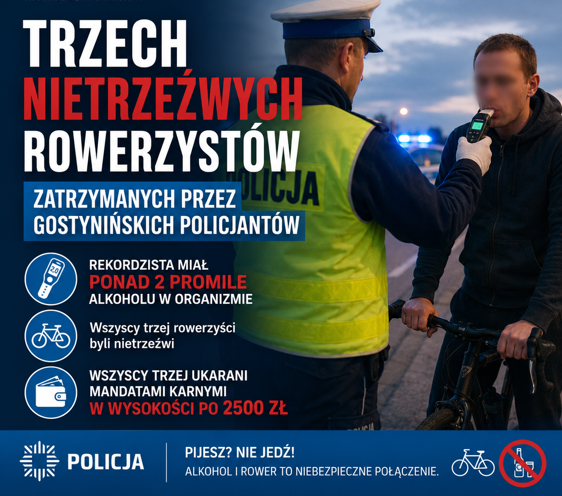 Trzech nietrzeźwych rowerzystów zatrzymanych przez gostynińskich policjantów