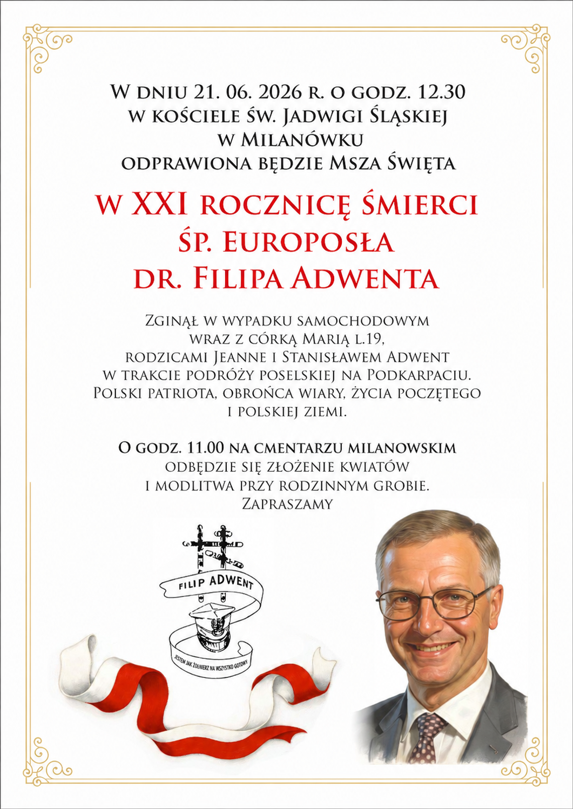 W Milanówku uczczą 21. rocznicę śmierci Filipa Adwenta W Milanówku uczczą 21. rocznicę śmierci Filipa Adwenta