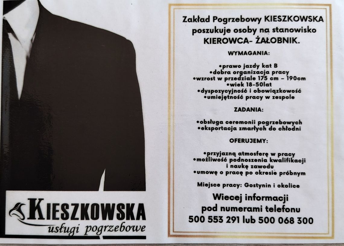 Zakład pogrzebowy poszukuje na stanowisko kierowca-żałobnik