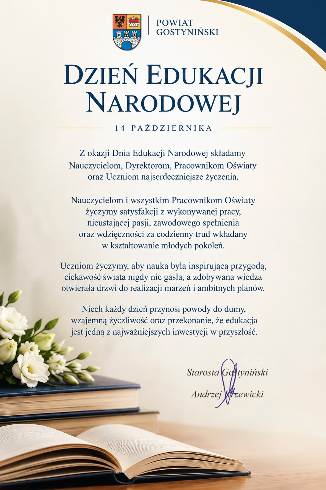 Życzenia starosty dla nauczycieli