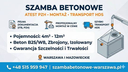Szamba Betonowe Gostynin Atest PZH, Montaż, Transport HDS