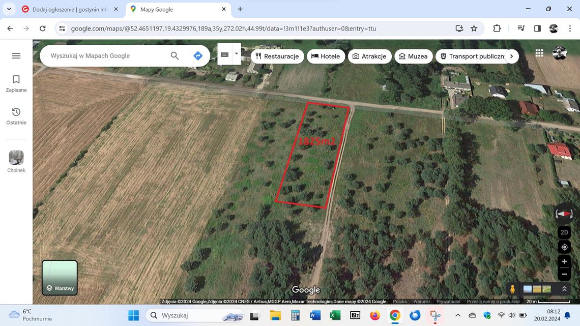 Działka BUDOWLANA 1825m2 - Choinek gm. Gostynin 125 000 zł