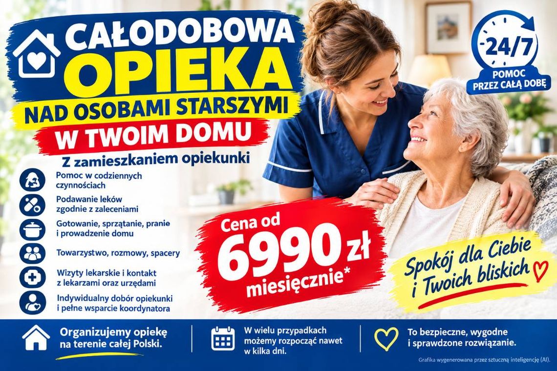 Opieka 24/7 nad osobą starszą z zamieszkaniem - od 6990 zł miesięcznie