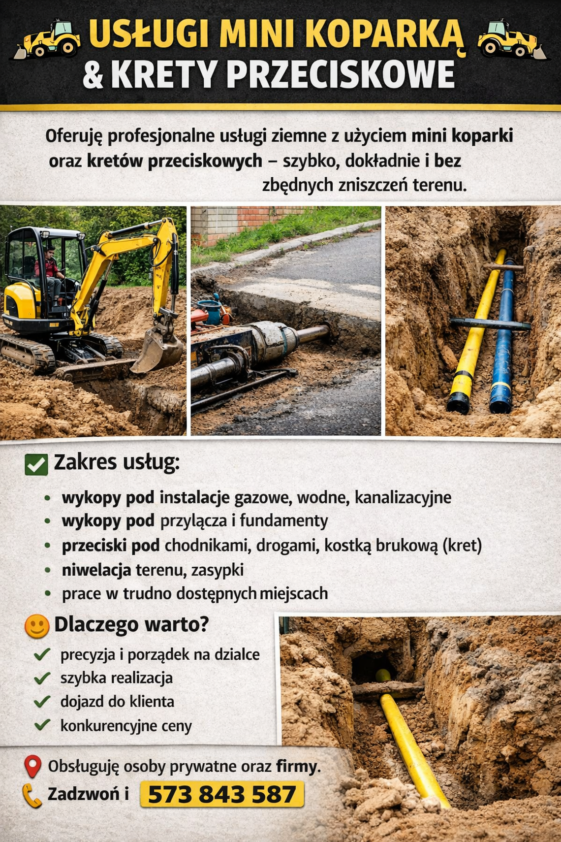 🚜 USŁUGI MINI KOPARKĄ & KRETY PRZECISKOWE 🚜 🚜 USŁUGI MINI KOPARKĄ & KRETY PRZECISKOWE 🚜